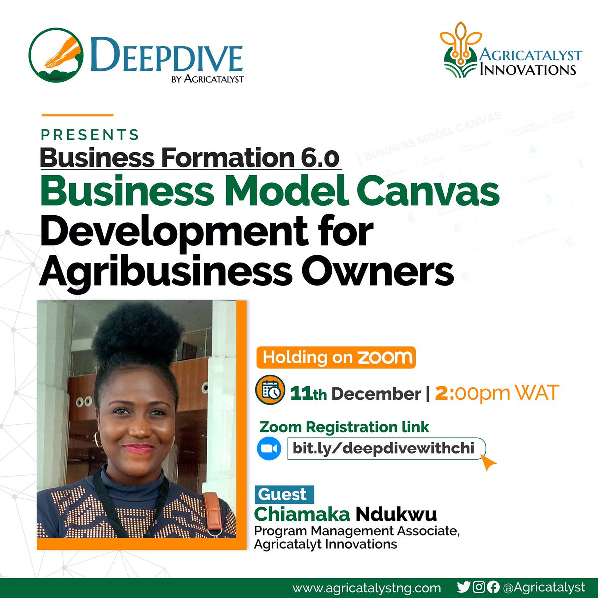 AgriCatalystInnovations (@agricatalyst) on Twitter photo We are excited to have <a href="/AmakaNdukwu1/">Chiamaka Ndukwu</a> share some insight on developing a Business Model Canvas.
Join us on Saturday 11th December at 2pm.
Register via bit.ly/deepdivewithchi We are excited to have <a href="/AmakaNdukwu1/">Chiamaka Ndukwu</a> share some insight on developing a Business Model Canvas.
Join us on Saturday 11th December at 2pm.
Register via bit.ly/deepdivewithchi