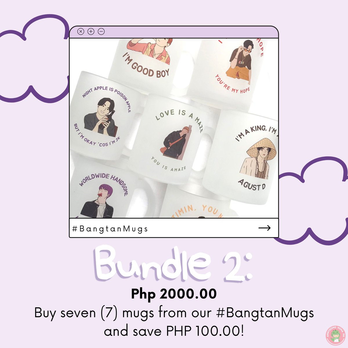 annyeongmimaph's tweet photo. [HELP RT] | #BangtanMugs

Annyeong, Mima! 🦖💖

Per mug: 300php + freebies
Bundle 1: 585php (2 of any mug) + freebies
Bundle 2: 2000php (7 mugs) + freebies
DOP (Batch 2): 12/20/2021 (✓dp)
ETA: 2-3 weeks after DOP

Place your orders here: https://t.co/fRe9TpdmWY

#MIMAcollections https://t.co/9RVlXZJIkY