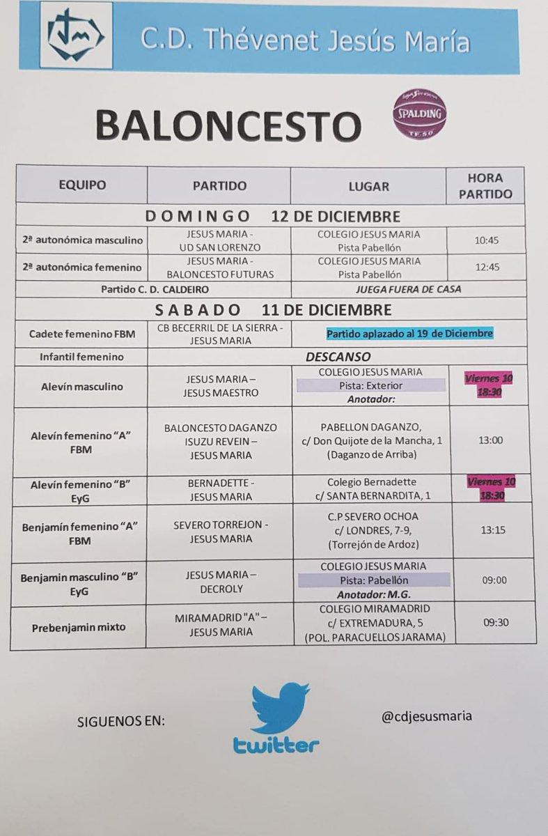 Tras el puente, en <a href="/cdjesusmaria/">C.D. Jesús María</a> volvemos a las pistas en <a href="/DeportesECM/">DeportesECM</a> y en <a href="/FBMadrid/">Fed. Bcto. de Madrid</a>. No te pierdas los horarios para ver dónde, cuándo y contra quién juega tu equipo este fin de semana (11-12 Diciembre). Suerte y a disfrutar!