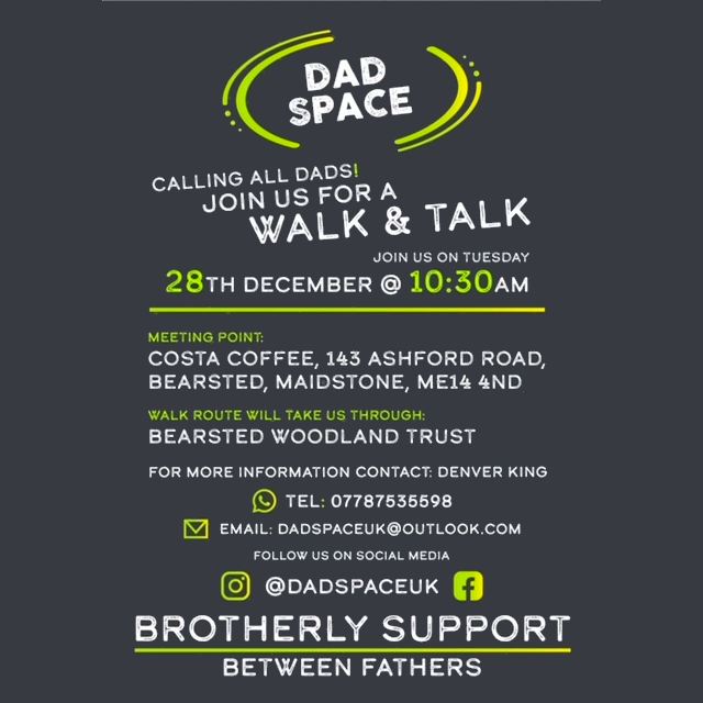 Mid Kent Mind (@midkentmind) on Twitter photo At Mid Kent Mind, we're committed to supporting everyone, so today we’ve shared a Support group called DadSpace where new, yet to be, and experienced #dads can get together and talk about #fatherhood and #Wellbeing.
Call 0777 8753 5598 now or email dadspaceuk@outlook.com At Mid Kent Mind, we're committed to supporting everyone, so today we’ve shared a Support group called DadSpace where new, yet to be, and experienced #dads can get together and talk about #fatherhood and #Wellbeing.
Call 0777 8753 5598 now or email dadspaceuk@outlook.com