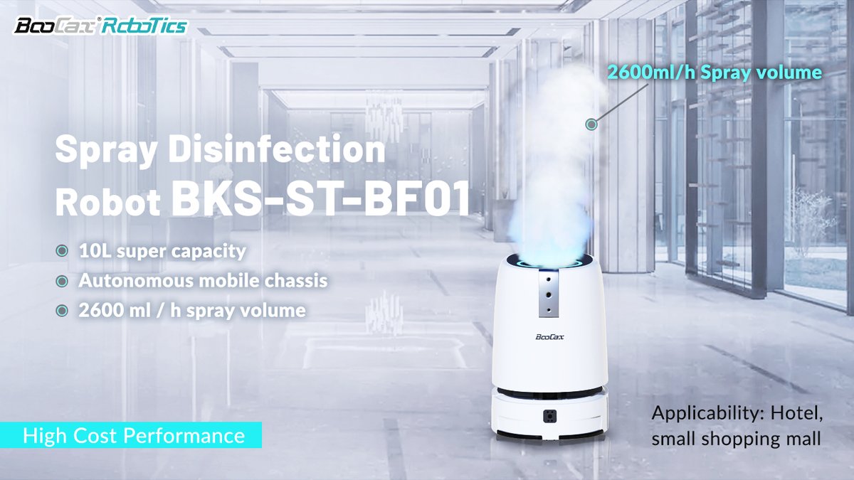 BoocaxRobotics's tweet image. BooCax Robotics Bubble Fish BKS-ST-BF01 has been the most smaller spray disinfection robot on the market.lnkd.in/g7qWHKYY
#disinfectingrobot #robotics #intelligent #autonomousmobilerobotics