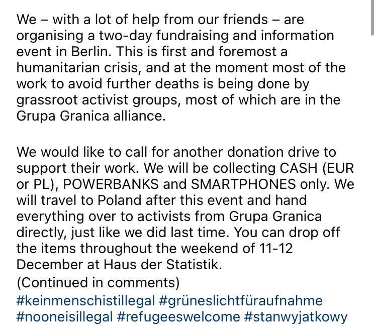 BEMigrantifa's tweet photo. Unsere Genoss:innen von @CoLiberationBLN organisieren dieses Wochenende wieder eine Sammelaktion für die Geflüchteten Menschen an der Grenze zwischen Polen und Belarus. 

Am 11 und 12 Dezember können Bargeld, Smartphones und Powerbanks am Haus der Statistik abgegeben werden 🙏🏽 https://t.co/napsUheXkm