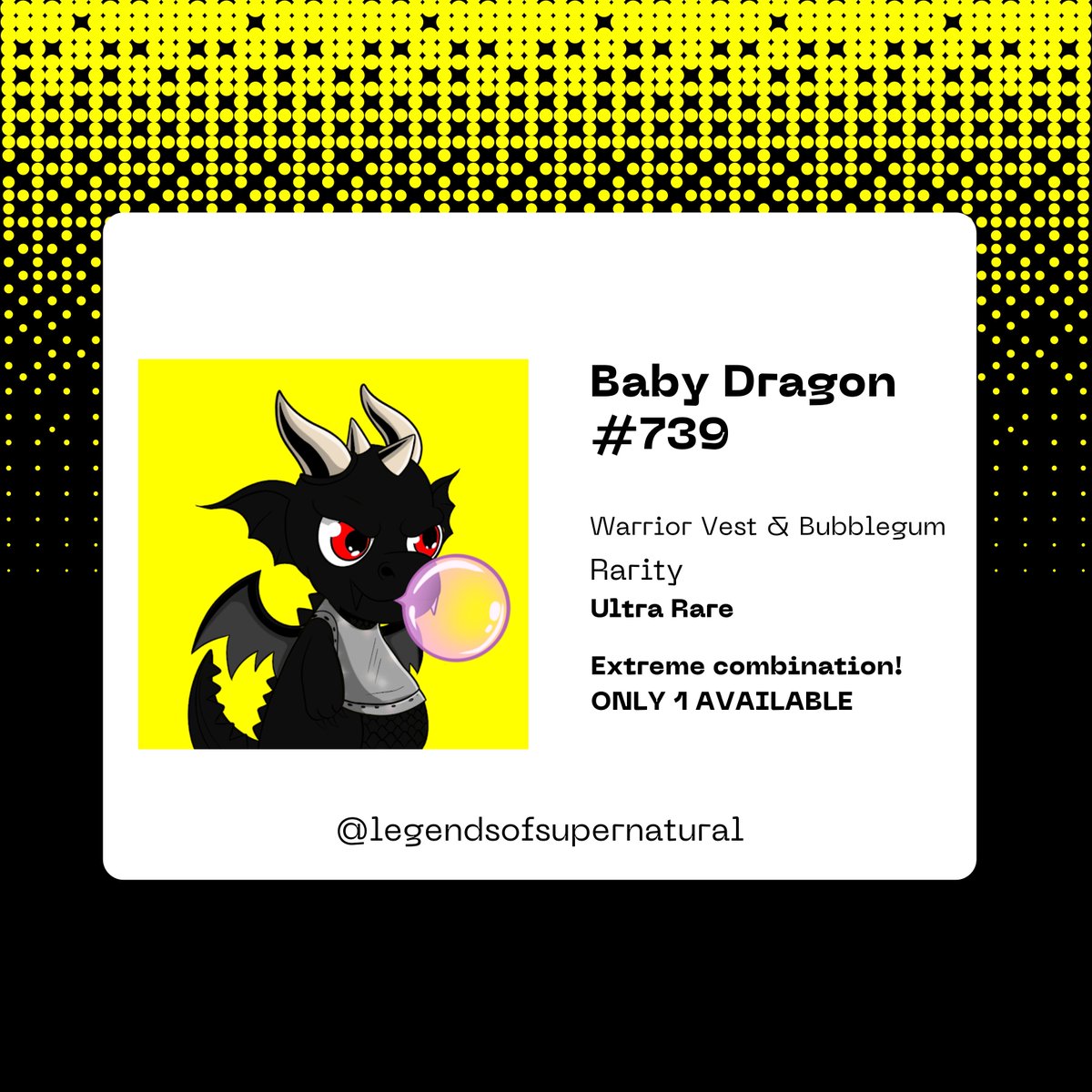 LegendofSupern1's tweet photo. Baby Dragon #739 is waiting for you!

It´s AVAILABLE! It could be yours!

Look at this Gentleman Hat &amp; Robot Wings Dragon... It's Ultra RARE Dragon!

Don´t forget! Females are required for breeding function!

Talk with us in Discord channel!

#nft #nftdragon #nftmatic #nftpolygon https://t.co/qEl2jnKz6K