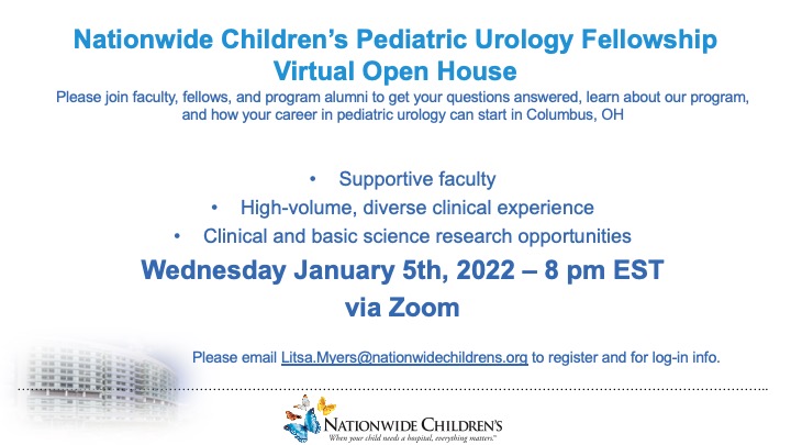 Pediatric Urology Fellowship applicants please join us for a virtual open house/info session! @salpert93 @lilppmd @ChristinaChing9 @DanDaJusta @McLeodDaryl @M_FuchsMD @mernstUro @NCHforFellows @SPU_Urology @AmerUrological @OSU_Urology