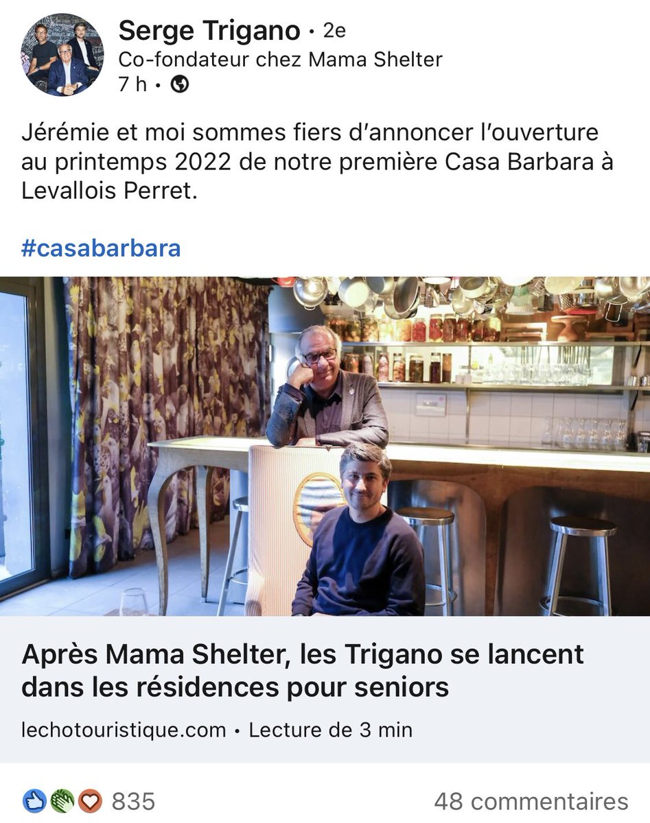 Quelle fantastique saga 😍 …après le ClubMed, le MamaShelter… la famille française la plus inspirée du « bien vivre ensemble » lance la CasaBarbara, un nouveau concept de résidence pour seniors 👏 Magnifique idée by Famille Trigano #JeSuisFan 🙌 Bientôt à Levallois 😎