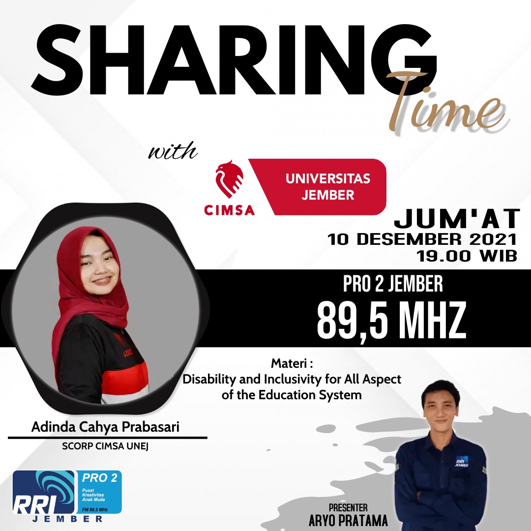 Cimsa UNEJ kembali temani malam hari kamu dalam Sharing Time di malam hari ini. Jangan sampe ketinggalan yaa, nanti malam di jam 7!