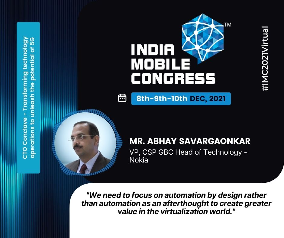 exploreIMC's tweet photo. Mr.Abhay Savargaonkar, VP, CSP, GBC Head of Technology-Nokia
#IMC2021Virtual
#NokiaatIMC
Register- https://t.co/eBLVoMq0OK
Cellular Operators Association of India - COAI India Mobile Congress @NokiaIndia https://t.co/OeYn4fbkd5