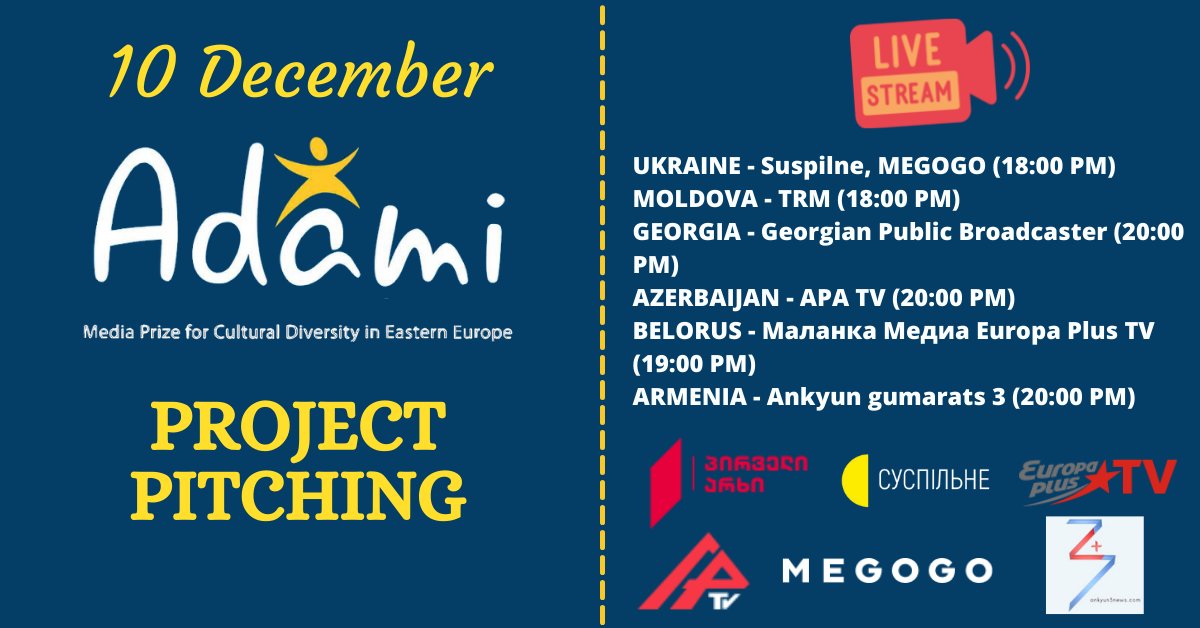 AdamiMediaPrize's tweet photo. ADAMI MEDIA PRIZE 2021 - PROJECT PITCHING! ⭐
📺 Today, at 20:00 (Tbilisi Time) 8 selected nominees will pitch their projects on live TV in the studios of Georgian Public Broadcaster. https://t.co/SmTC3B0j6W