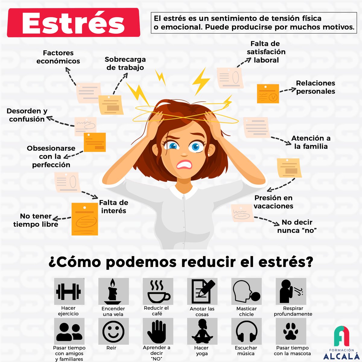 El 𝐞𝐬𝐭𝐫𝐞́𝐬 es conocido por ser 𝐮𝐧 𝐦𝐞𝐜𝐚𝐧𝐢𝐬𝐦𝐨 que utiliza nuestro organismo ante cualquier demanda o desafío. En esta #infografía te contamos los diferentes 𝐭𝐢𝐩𝐨𝐬 𝐝𝐞 𝐟𝐚𝐜𝐭𝐨𝐫𝐞𝐬 que pueden provocarlo y cómo reducirlo📝