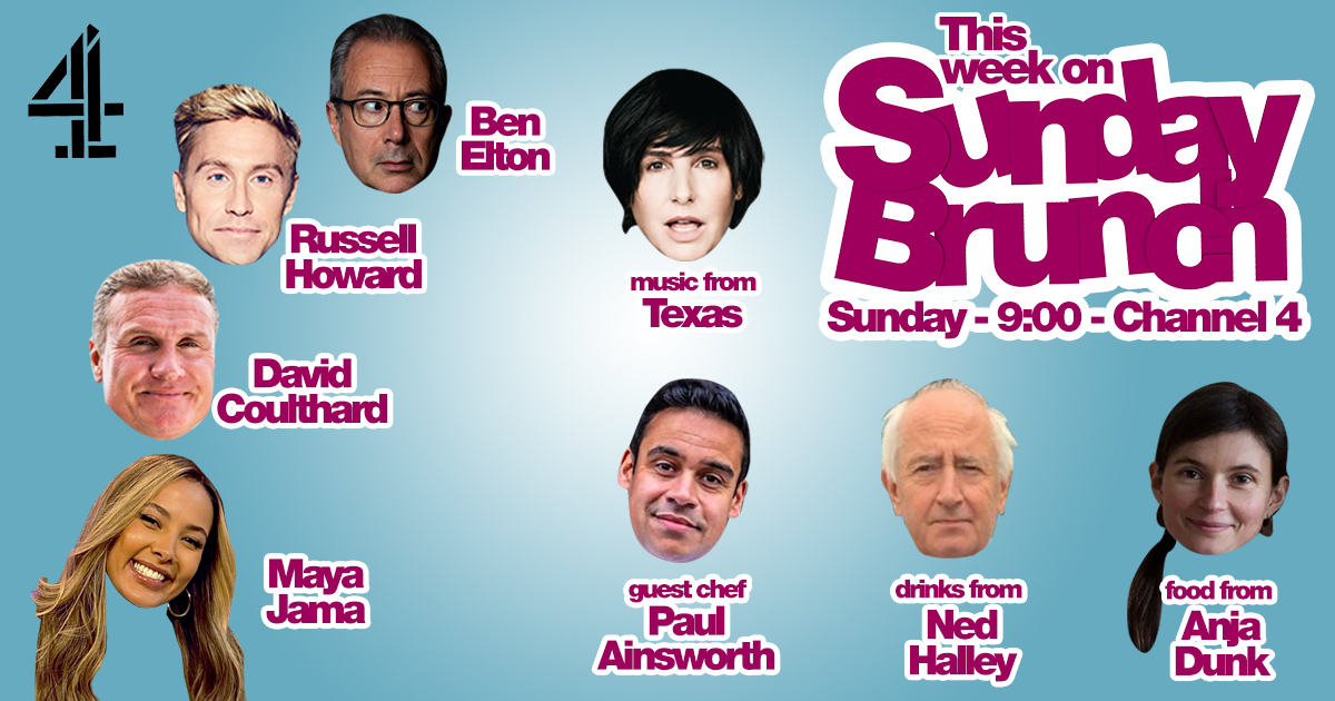 SundayBrunchC4's tweet photo. Tomorrow on #SundayBrunch! 📺 #BenElton, @russellhoward, @therealdcf1 &amp; @MayaJama are joining us! ✌️ With food from #AnjaDunk, drinks from #NedHalley &amp; GUEST CHEF @PaulAinsw6rth! PLUS LIVE MUSIC FROM @texastheband 🤩 We will be on at 9:00AM! So set your alarms! ⏰😄 https://t.co/HvgxNBY3OA