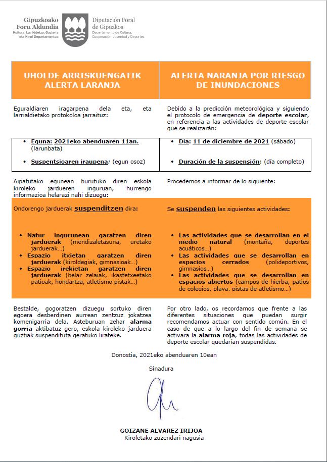 🚨🟠 Eguraldiaren iragarpena dela eta, 𝐋𝐀𝐑𝐔𝐍𝐁𝐀𝐓𝐄𝐊𝐎 𝐢𝐧𝐟𝐚𝐧𝐭𝐢𝐥, 𝐚𝐥𝐞𝐛𝐢𝐧 𝐞𝐭𝐚 𝐛𝐞𝐧𝐣𝐚𝐦𝐢𝐧 𝐦𝐚𝐢𝐥𝐚𝐤𝐨 𝐩𝐚𝐫𝐭𝐢𝐝𝐚 𝐠𝐮𝐳𝐭𝐢𝐚𝐤 bertan behera geratzen dira Gipuzkoako Foru Aldundiak aginduta