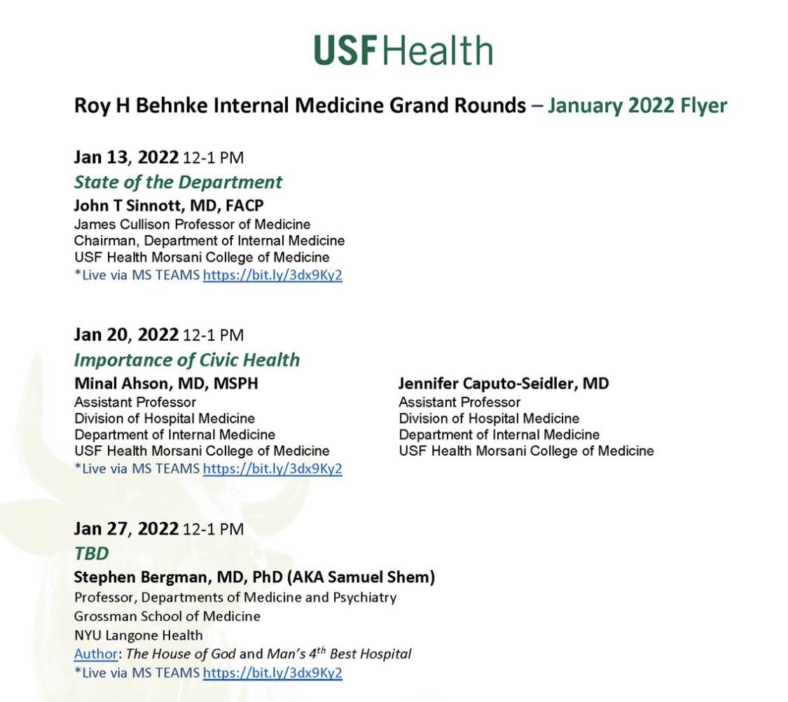 USFHospMed's tweet photo. Looking forward to kicking off the New Year with a wonderful #GrandRounds series including our own @MinalAhson and @jennifermcaputo https://t.co/X5uv4iEcPp