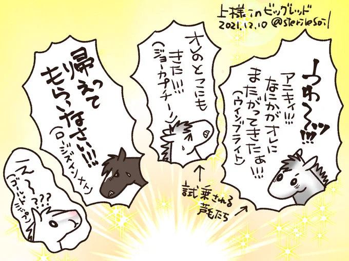 ビッグレッドにも現れた様子。
芦毛の馬にとりあえず試乗してみる上様。
眩い光で何が起こっているのか分からなくって混乱状況。 
