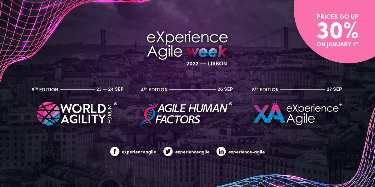 experienceagile's tweet image. SAVE 30% REGISTERING BY 31ST DECEMBER - TICKETS ARE NOW FOR SALE!
loom.ly/7Hyjdz8
Next year we meet in Lisbon for the 8th edition of eXperience Agile. Join us!
#experienceagile #xaweek22 #waforum2022 #ahfactors22