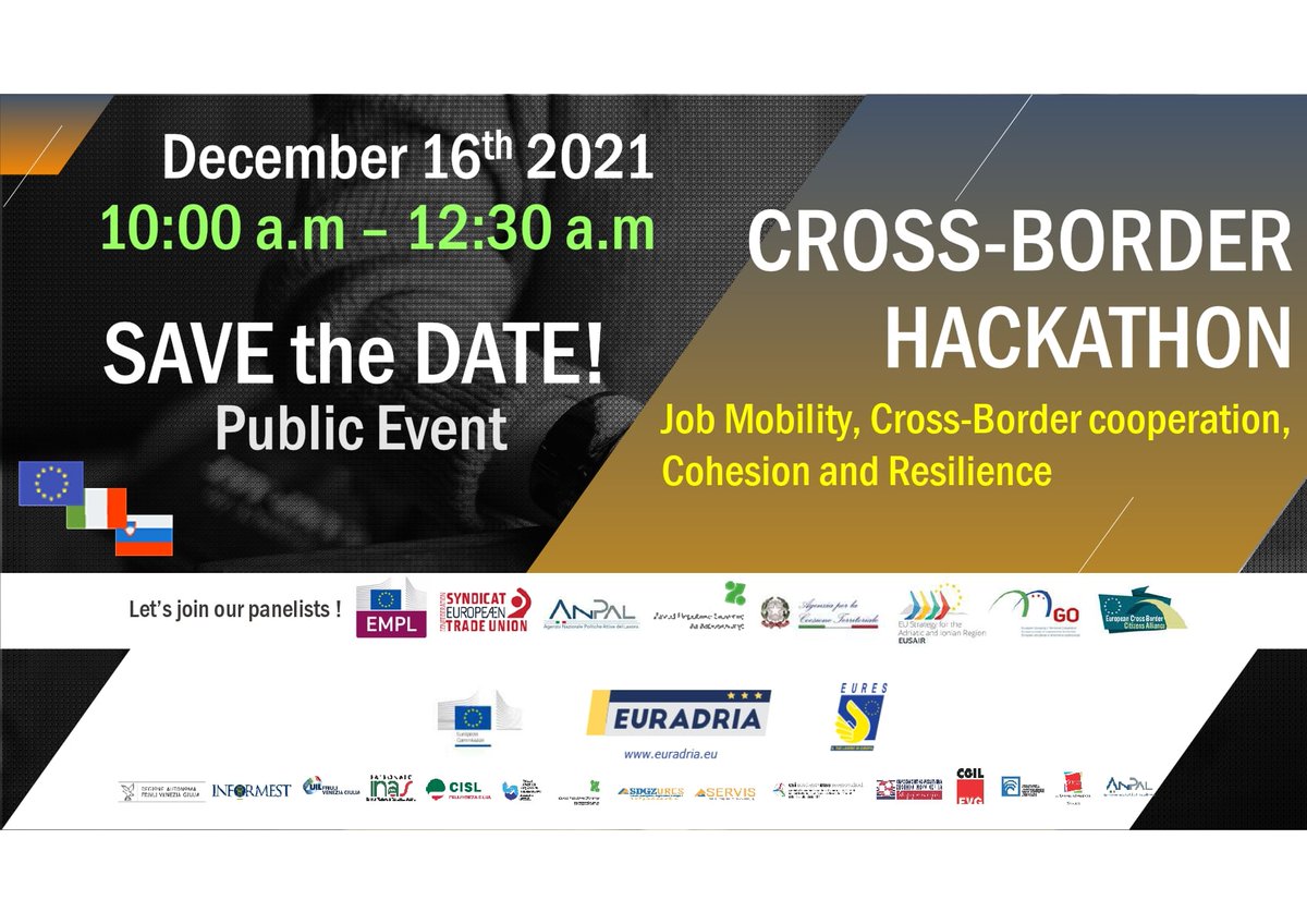 InformestEU's tweet photo. #savethedate
🗓️ 16/12, 10.00-12.30
🔝Evento finale di #EURADRIA e #Hackathon transfrontaliero 
💡Focus: mobilità professionale, #sicurezza sociale, #cooperazione transfrontaliera, #coesione e resilienza all’interno dell’#UE.
👉Scopri di più: https://t.co/ToJj5gaE69 https://t.co/6ft8h5v5uP