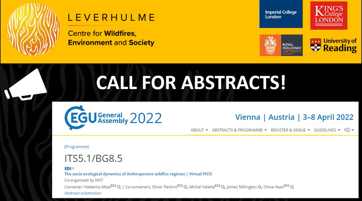 Call for abstracts🔈 - for a session at @EuroGeosciences EGU2022 conference led by Leverhulme Wildfires (incl @OliPerkins2 and @jamesmillington) deadline 12 Jan - Hybrid (online/Vienna) - The socio-ecological dynamics of Anthropocene wildfire regimes meetingorganizer.copernicus.org/EGU22/session/…