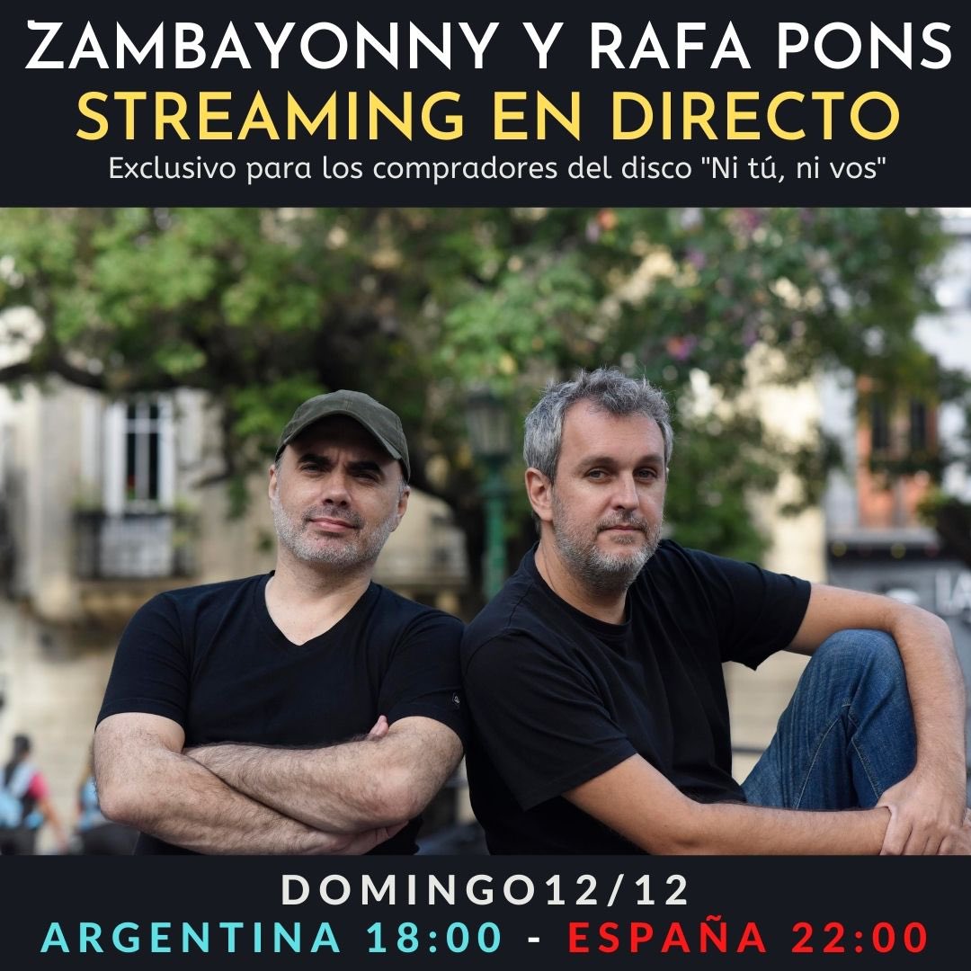 Rafa_Pons's tweet photo. Este domingo a las 18 hs haremos con @zambayonny el Concierto por streaming que se ganaron los que compraron el disco físico o digital. Minutos antes del comienzo  llegará por correo el link para acceder al streaming. 
Se podrá ver durante 2 semanas Compra https://t.co/yK7KC0p3Mb https://t.co/62FPa32Qf0