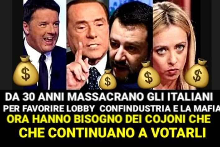 <a href="/LegaSalvini/">Lega</a> L. BISLACCO: #SELFINI, SCIROPPATO FOLLE E ASSUNTO #LEGA LIQUAMI🇮🇹CHE VUOLE PIÙ #MAFIA CON #MELONI E NON VUOLE IL #RDC🇪🇺

PER QUESTO È MOLTO IMPORTANTE LO #SCIOPEROgenerale

#FacciamoRete🌐
#InsiemePerLaGiustizia🇮🇹
#insiemeSiPuoFareLaDifferenza🇪🇺
#chesucc3de #Blob #Radiorai1 #Rai3