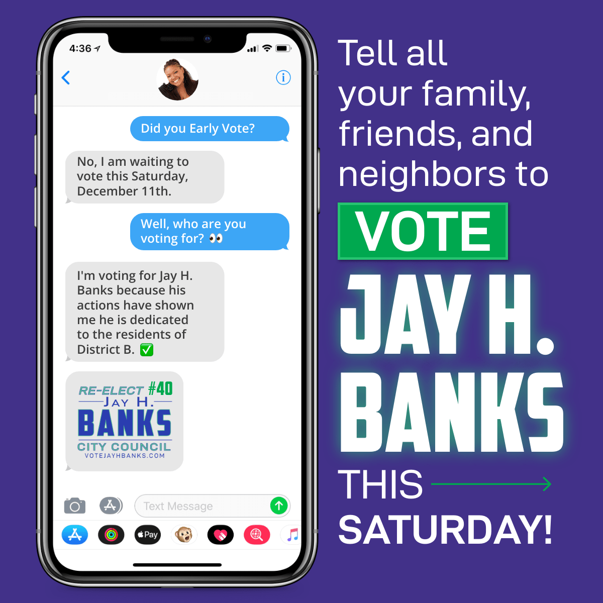 votejayhbanks's tweet photo. Saturday is Election Day District B! Polls will be open tomorrow from 7:00 a.m. to 8:00 p.m. Help make sure that your friends, family, and neighbors have a plan to vote for Jay H. Banks tomorrow by calling or texting them today! #StayWithJay https://t.co/h2aThNceWa