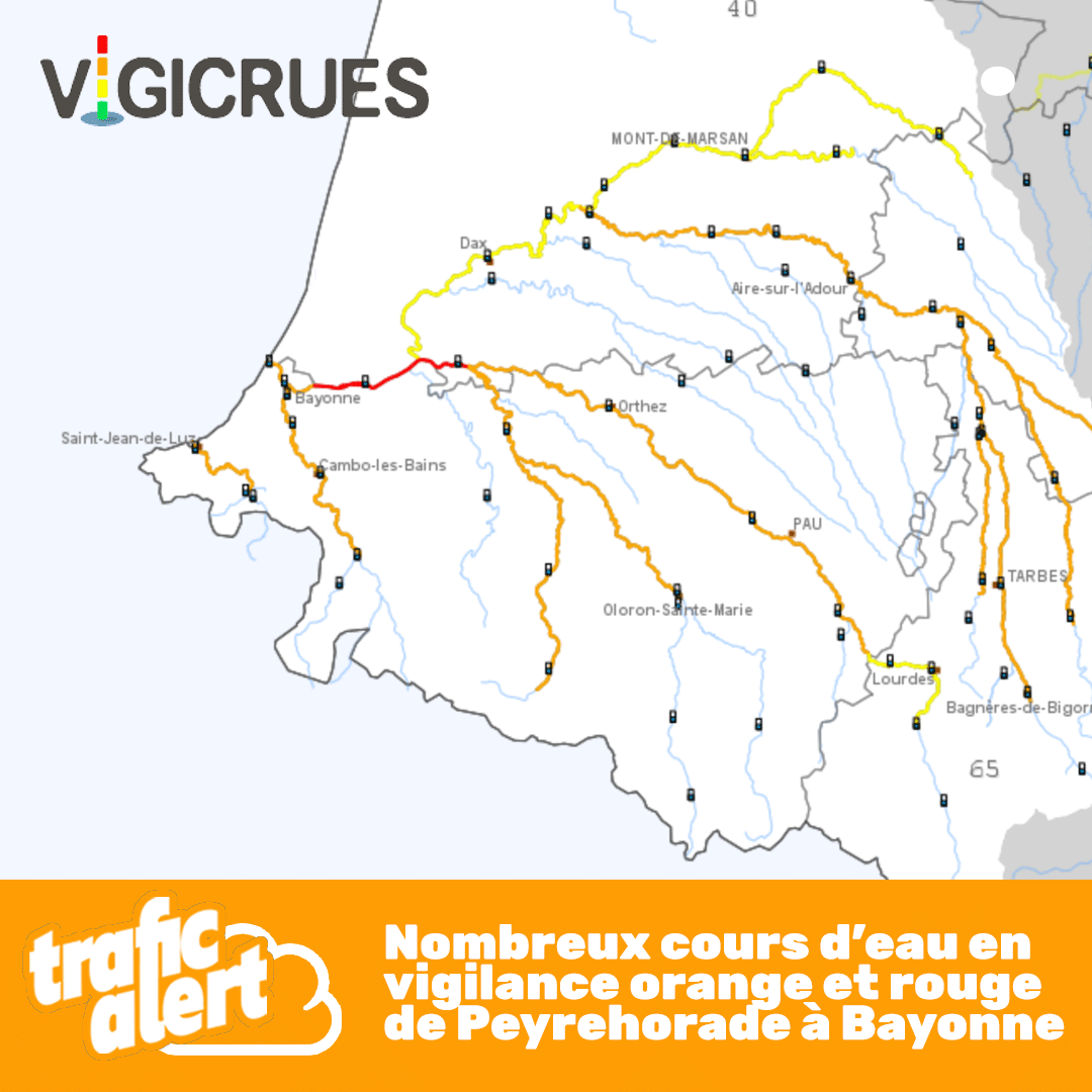 trafic_msgu's tweet photo. [EXPRESS] La crue au niveau rouge entre Peyrehorade et Bayonne selon vigicrues, prudence sur le secteur. Niveau maximal attendu en soirée/nuit. #crues #inondation #meteo64 #msgu #Bayonne #msgu https://t.co/rayIGY9iXE