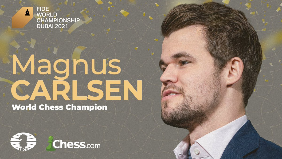 KanthaVivek's tweet photo. MAGNUS CARLSEN is the 2021 World Chess Champion!
For the 5th consecutive time and the saga counties...🎊🎉
CONGRATS @MagnusCarlsen 💯

#CarlsenNepo https://t.co/ALWizTkwXs