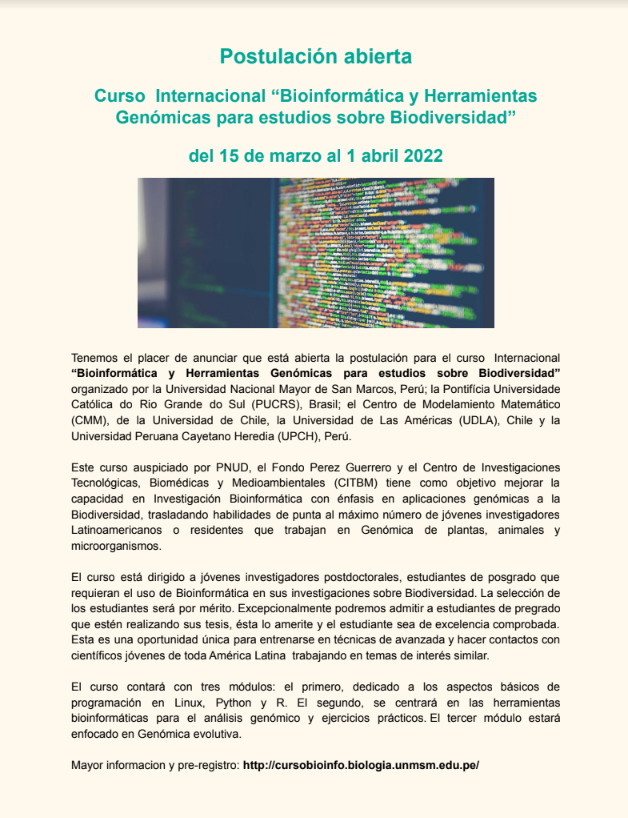 Curso Internacional de Bioinformática y Genómica para la Biodiversidad. 14 de Marzo y 1 de Abril del 2022.
+info con el Dr. <a href="/dtravisany/">Dante Travisany</a> 

#bioinformatica #biologiaComputacional #ciencia #inSilico