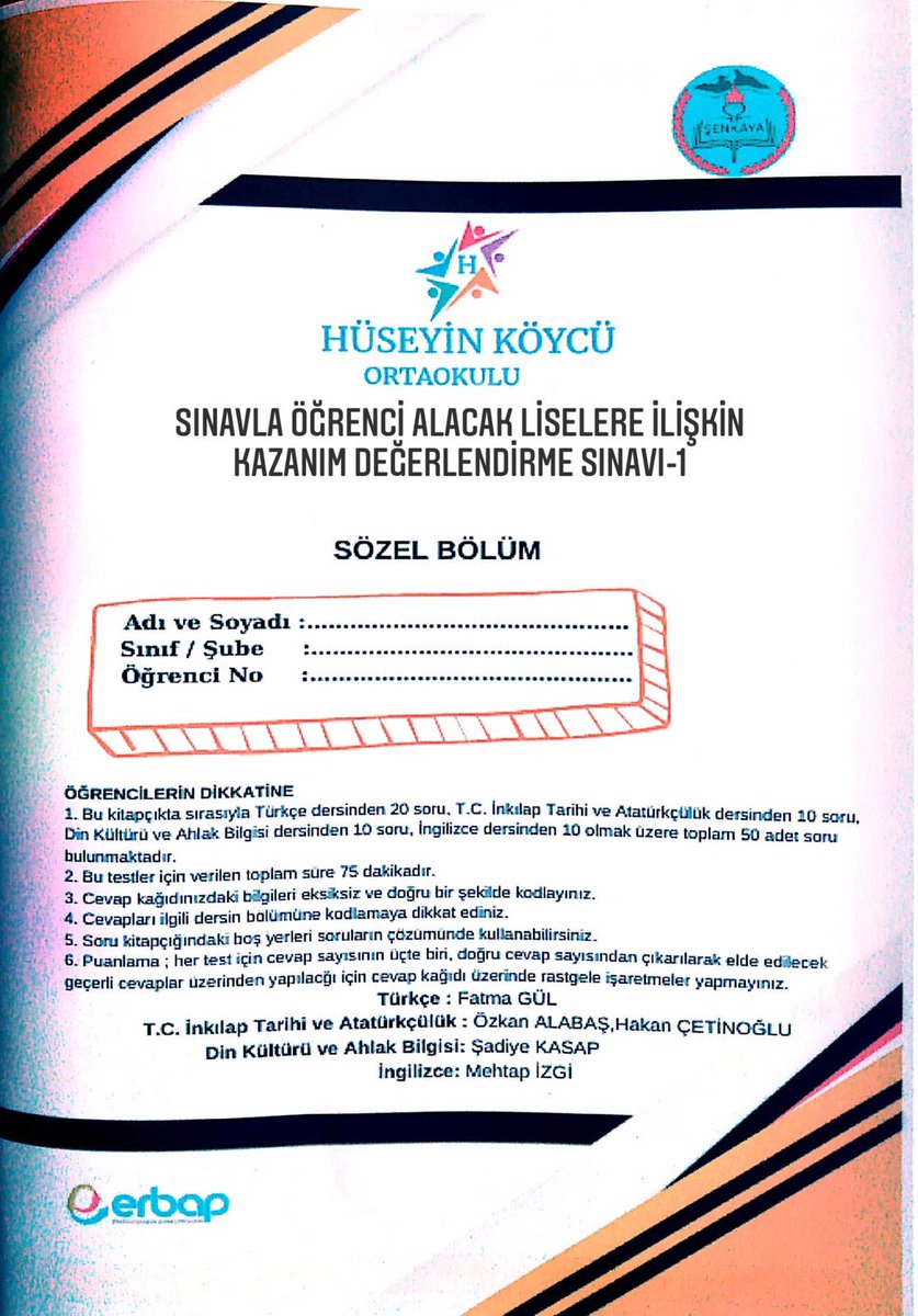 Erzurum_Mem's tweet photo. Şenkaya Hüseyin Köycü Ortaokulu öğretmenleri tarafından hazırlanan, dizgi ve basımını Şenkaya İlçe Millî Eğitim Müdürlüğünün üstlendiği kazanım değerlendirme sınavı
📋13.12.2021 Pazartesi günü tüm ilçede uygulanacak.

Emeği geçen tüm idareci ve öğretmenlerimize teşekkür ederiz👏 https://t.co/aIBr3u8wFI