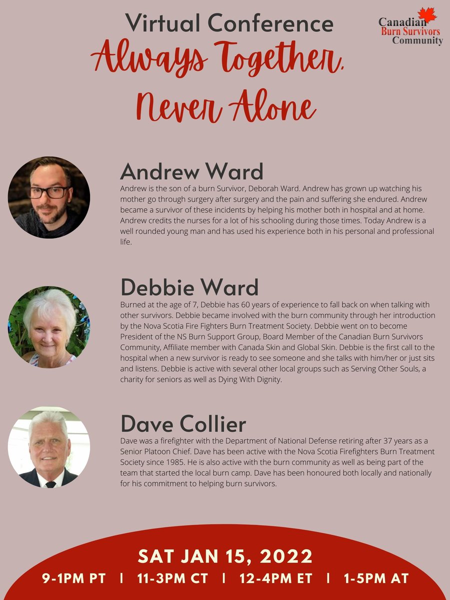 myCBSC's tweet image. CBSC VIRTUAL CONFERENCE JAN 15th 2022!

More info: canadianburnsurvivors.ca/conferences
Register: 
canadianburnsurvivors.ca/virtual-confer…
@BCBurnFund @LifeAfterBurns @canadianburn @PSburnsurvivors @FaceEqualityInt @burnsandsmiles @ffburninstitute @WoundsCanada  @CGYFireFighters @Ameriburn  
#burnsurvivor