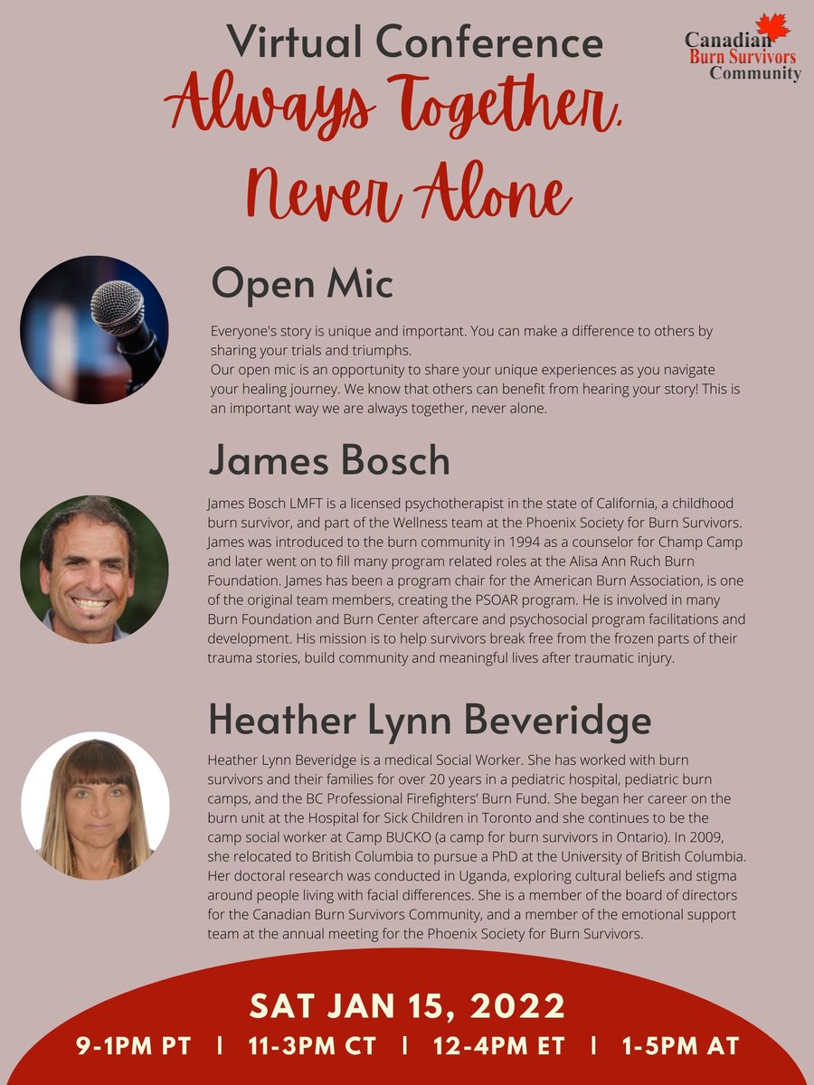 myCBSC's tweet image. CBSC VIRTUAL CONFERENCE JAN 15th 2022!

More info: canadianburnsurvivors.ca/conferences
Register: 
canadianburnsurvivors.ca/virtual-confer…
@BCBurnFund @LifeAfterBurns @canadianburn @PSburnsurvivors @FaceEqualityInt @burnsandsmiles @ffburninstitute @WoundsCanada  @CGYFireFighters @Ameriburn  
#burnsurvivor