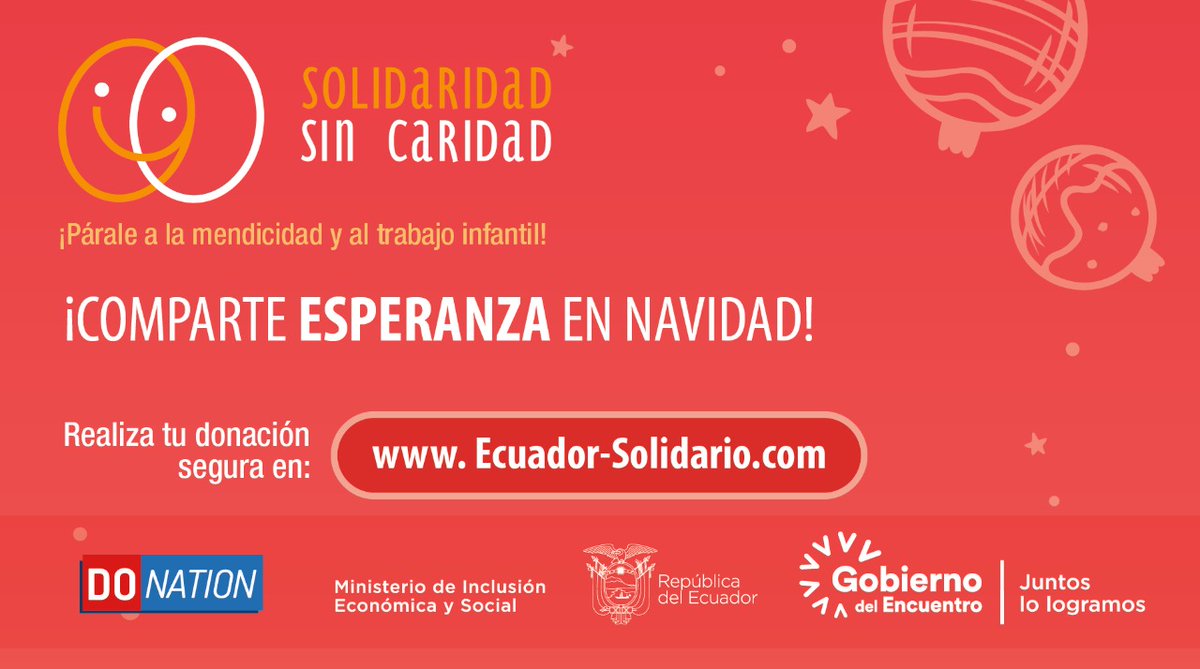 Lanzamos la campaña SOLIDARIDAD SIN MENDICIDAD

Haz tus donaciones hoy mismo para un niño que se encuentra en la 
calle y su familia, tengan una canasta de alimentos en esta Navidad.

Dona ahora mismo desde $10 para una canasta de comida en Ecuador-Solidario.com

🇪🇨 Solidario