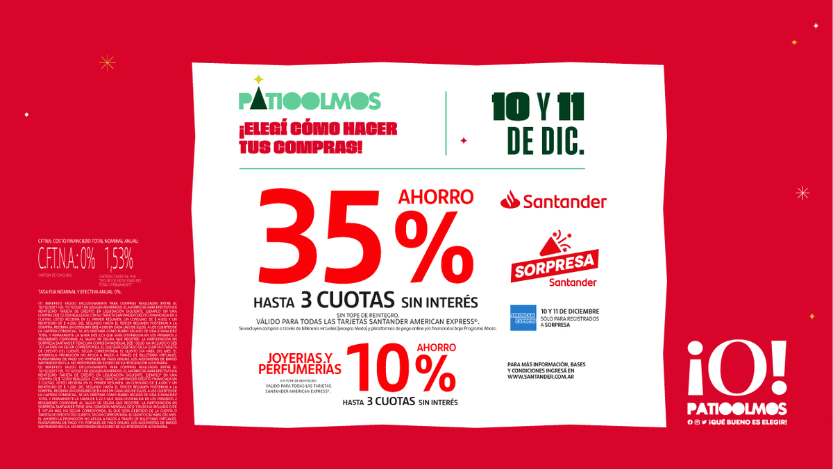 Hoy y mañana, SORPRESA de <a href="/Santander_Ar/">Santander Argentina</a> especial AMEX 🎉

Consultá los locales adheridos en patioolmos.com/oferta/amex/