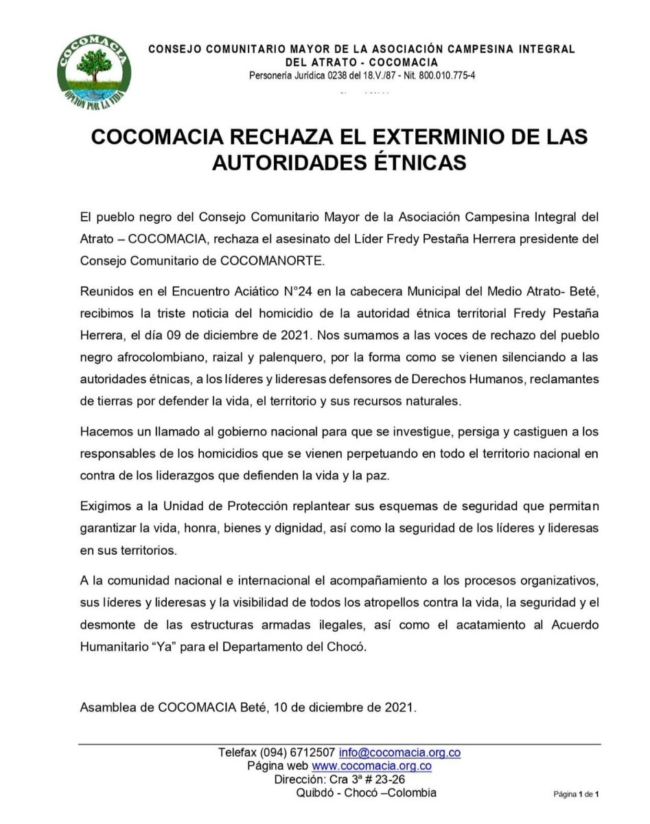 Rechazo al asesinato del Líder Fredy Pestaña, presidente de COCOMANORTE. La vida de los líderes y lideresas de las Organizaciones Étnico territoriales debe respetarse. #Pactoporlavidaylapaz <a href="/SwedeninCOL/">Sweden in Colombia</a> <a href="/UEenColombia/">Unión Europea en Colombia 🇪🇺</a> <a href="/DefensoriaCol/">Defensoría del Pueblo</a> <a href="/SweFORColombia/">SweFOR Colombia</a>