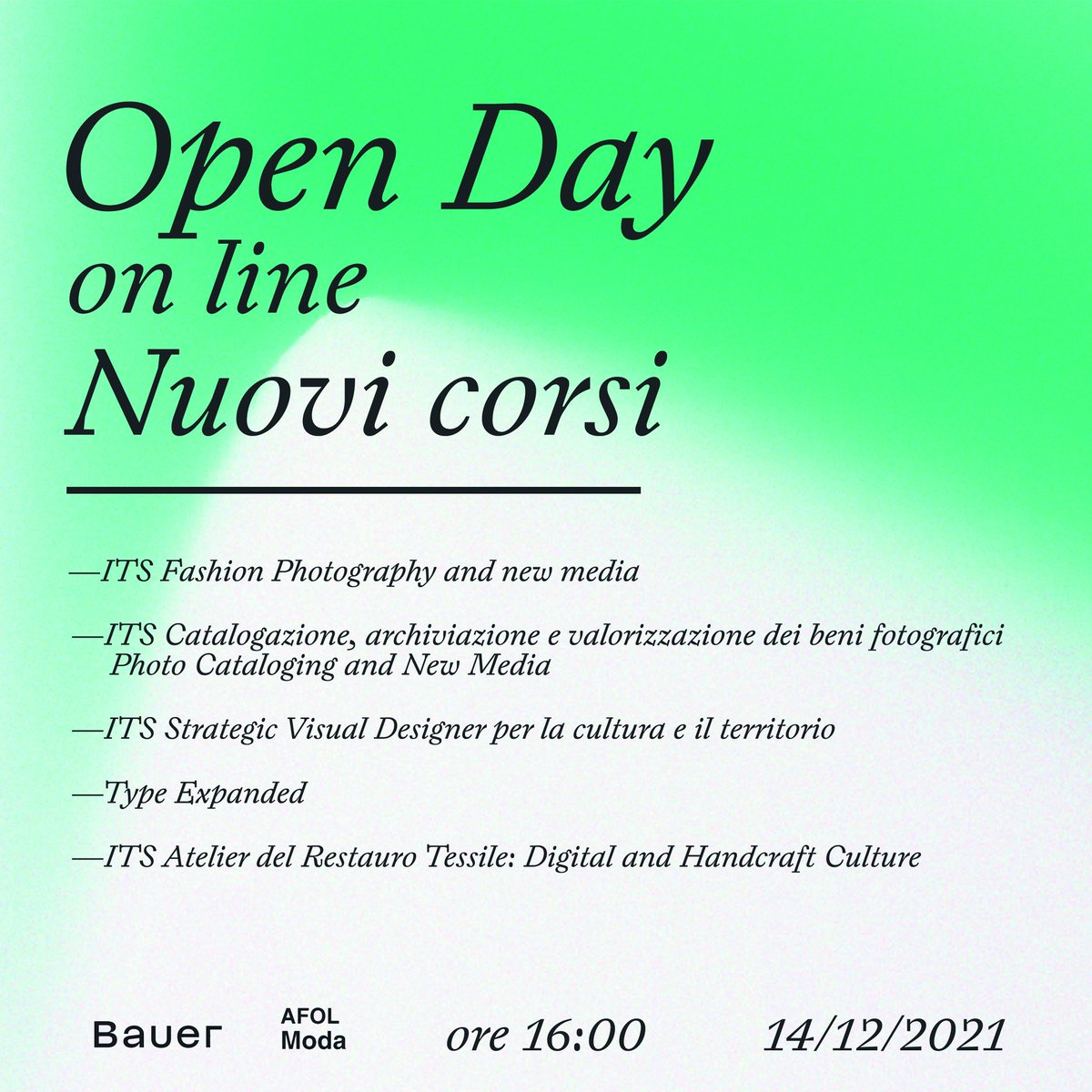 AfolMet's tweet photo. L'appuntamento online con le nostre scuole #AFOLModa e #cfpBauer è per martedì 14 dicembre. Presenteremo i corsi per l'anno formativo 2021/22 di #Fotografia, #Design e #Moda e parleremo delle opportunità dei percorsi #ITS, una valida alternativa alla formazione universitaria. https://t.co/oQAATb5CPp