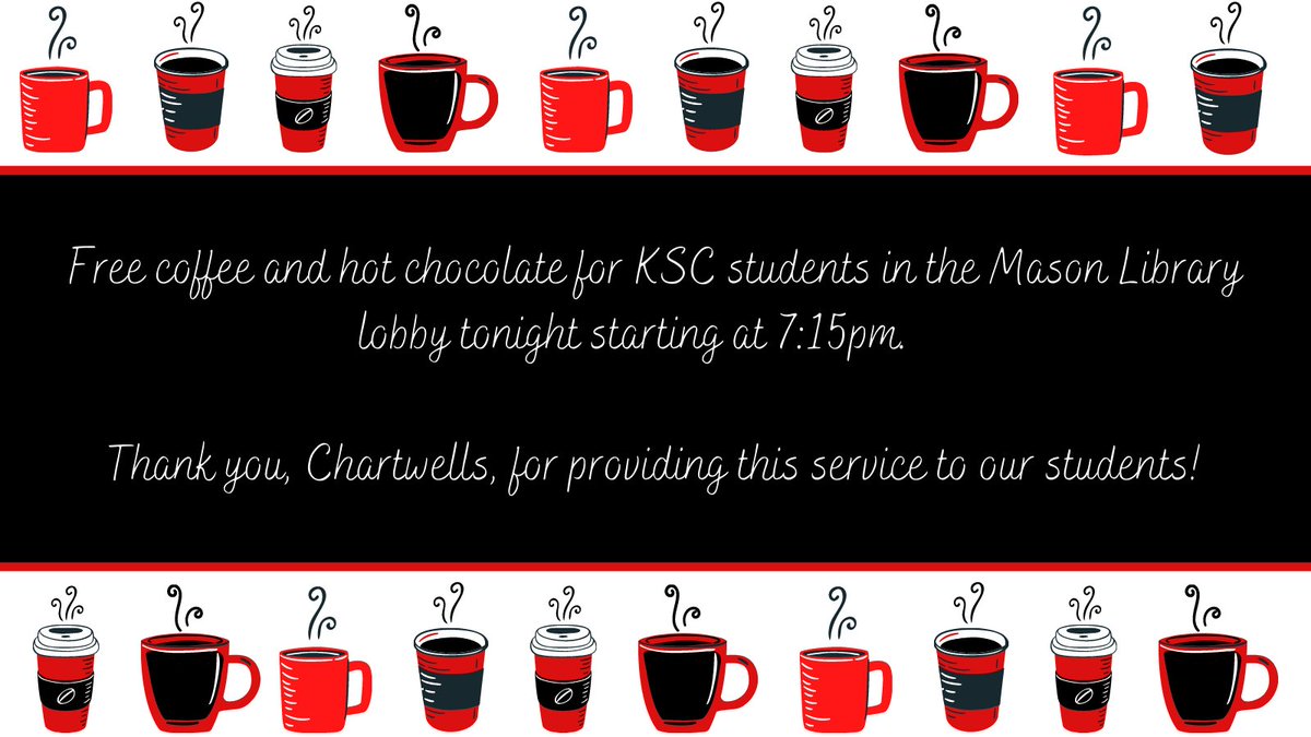 KeeneMasonLib's tweet photo. Free coffee and hot chocolate for #KSCStudents in the @KeeneMasonLib lobby tonight at 7:15pm.
Thank you, Chartwells!
#KeeneStateCollege #KeeneState #KeeneStateStudents #ChartwellsHigherEd #ChartwellsCentral #KeeneStateDining #FinalsWeek #Coffee #HotChocolate #Study https://t.co/39nsNHWKo4
