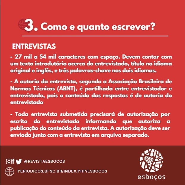 Para submeter, qual o tamanho do texto?
 🙋🏽‍♀️
<a href="/portal_ufsc/">Portal de Periódicos UFSC</a> <a href="/UFSC/">UFSC</a> <a href="/CalhUfsc/">CALH - UFSC</a>