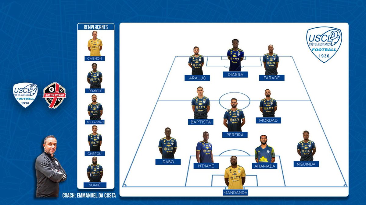 uscreteil's tweet photo. Voici la composition de l’USCL ce soir face à @fcbastiaborgo ! #NationalFFF #USCLFCBB #AllezCréteil https://t.co/iGbFwJTWBT
