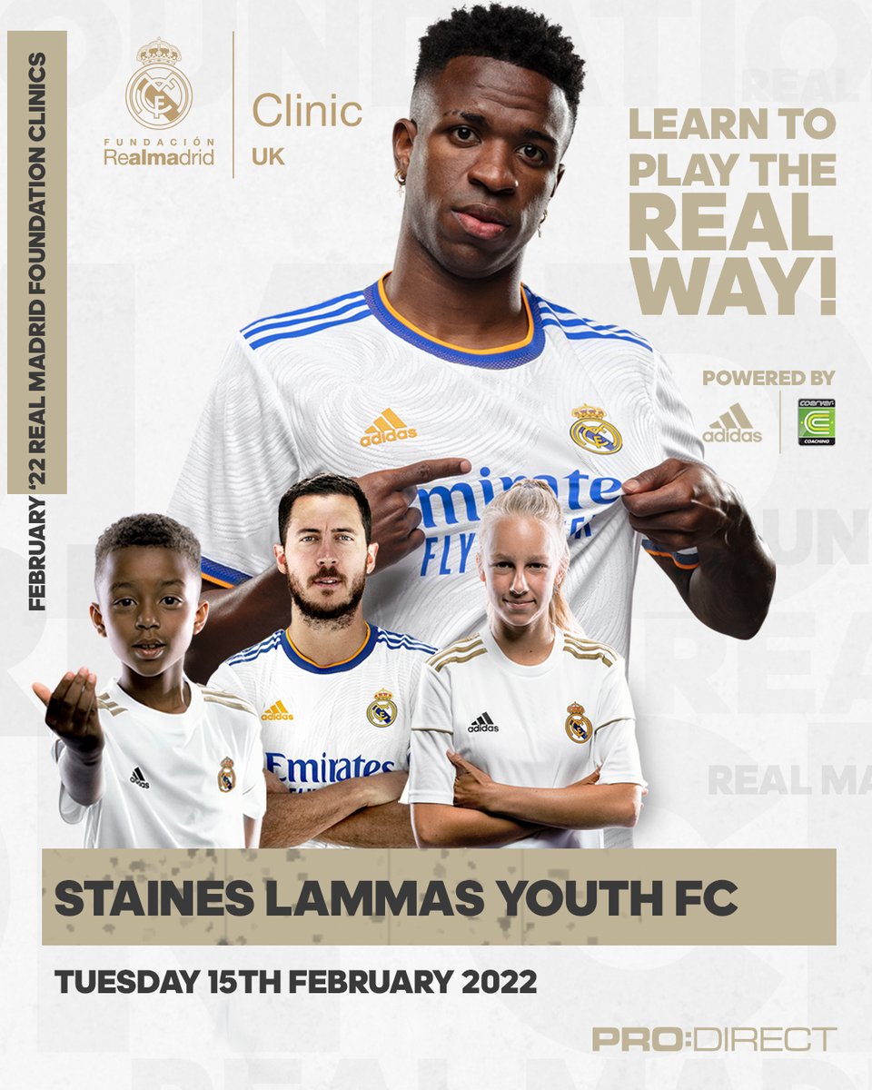 lammasyouthfc's tweet photo. Real Madrid Foundation Clinics powered by @CoerverEW in partnership with @ProD_Soccer are coming to Staines Lammas Youth FC on Tuesday 15th Feb 2022 (U8-U14 players)!
For more info on how you can "Play the Real Way" visit https://t.co/sbKDaq8997
#playtheREALway
#RealSpirit https://t.co/CN3b9jATTq