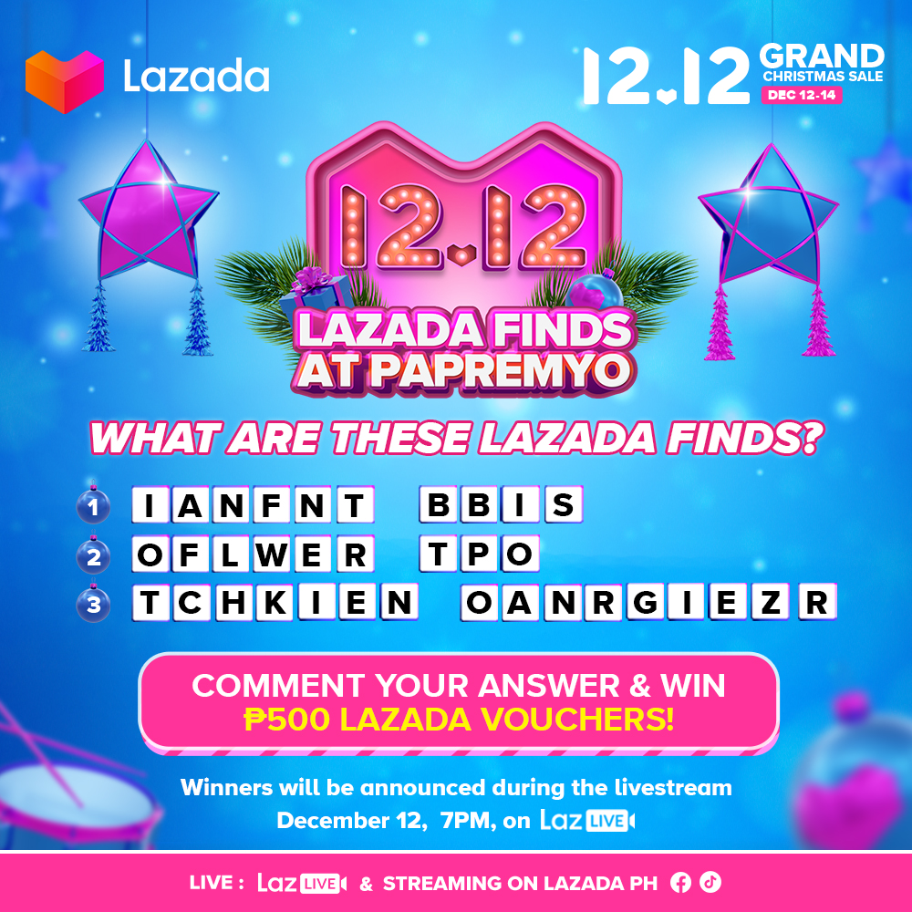 LazadaPH's tweet photo. #LazadaPH1212 Finds at Papremyo is here!😍

Guess these Lazada Finds to win ₱500 Lazada vouchers!

Winners will be announced on the livestream tomorrow, DEC 12, 7PM, on LazLive.

WATCH HERE:
👉https://t.co/amVbktxxjC

#Lazada1212GrandChristmasSale
#NamamaskoSaLazada 
#Lazada1212 https://t.co/YzGMl3cJar