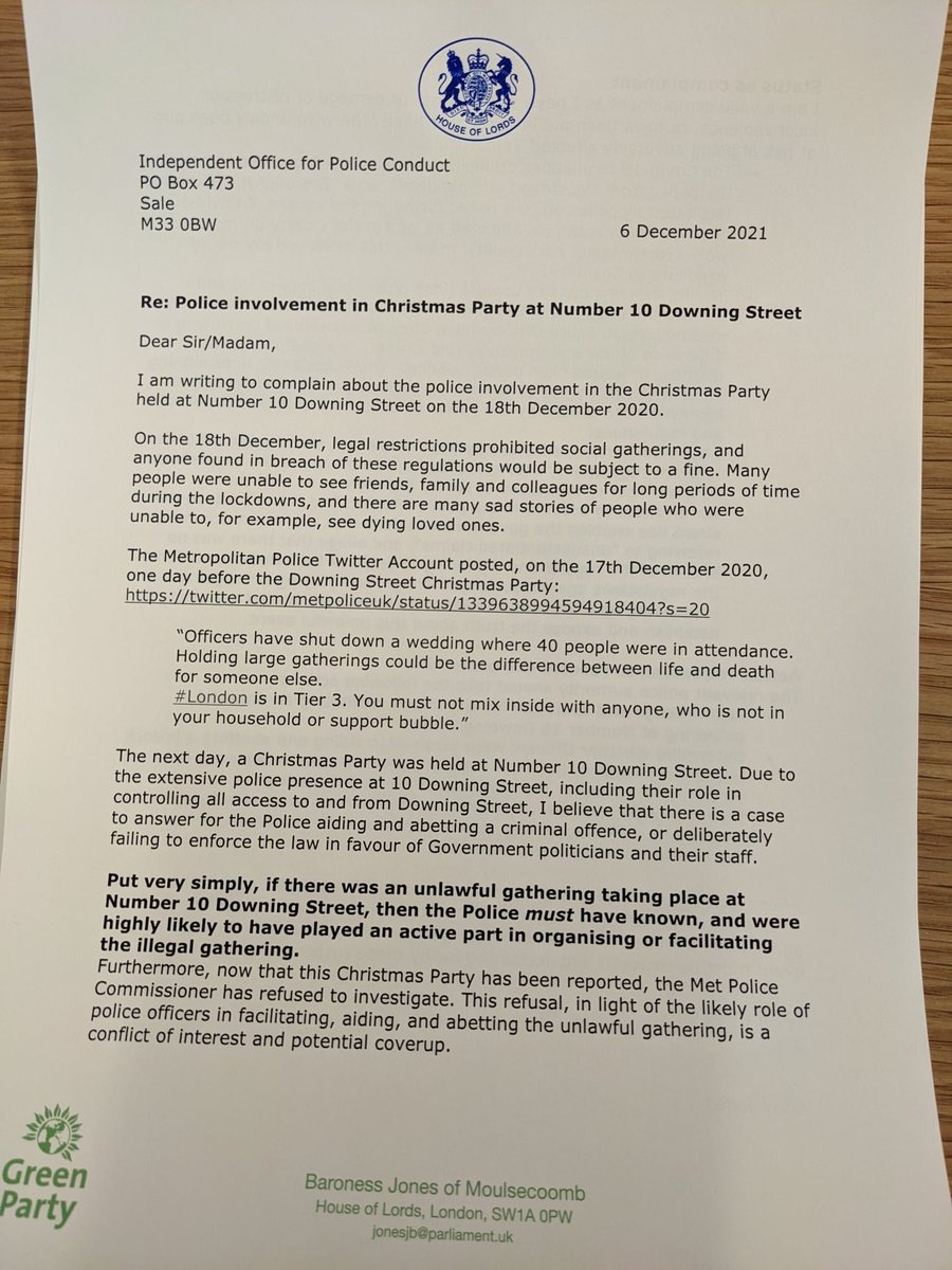 Green Peer Jenny Jones has written to the IOPC to question police involvement in the Christmas party at No 10 https://t.co/6EjgeSyvCA