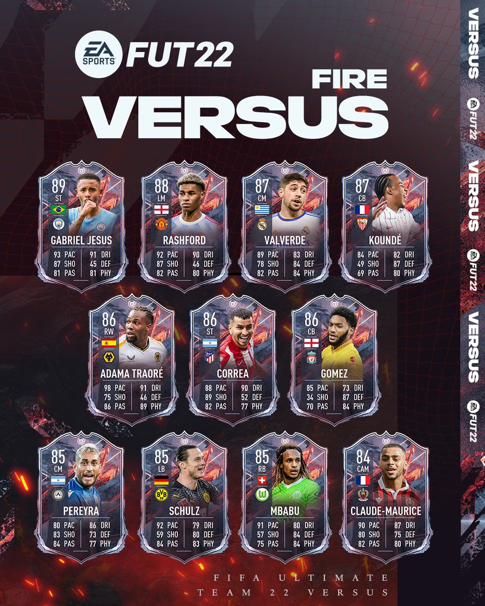 Ready to play with 🔥🔥?

The first #FUT Versus Team is here! XI Special Player items with unique permanent upgrades 🥵

Available until Monday 13 December when each player’s ❄️ versions arrive.

Learn more 👉 x.ea.com/72100

#FUT #FIFA22