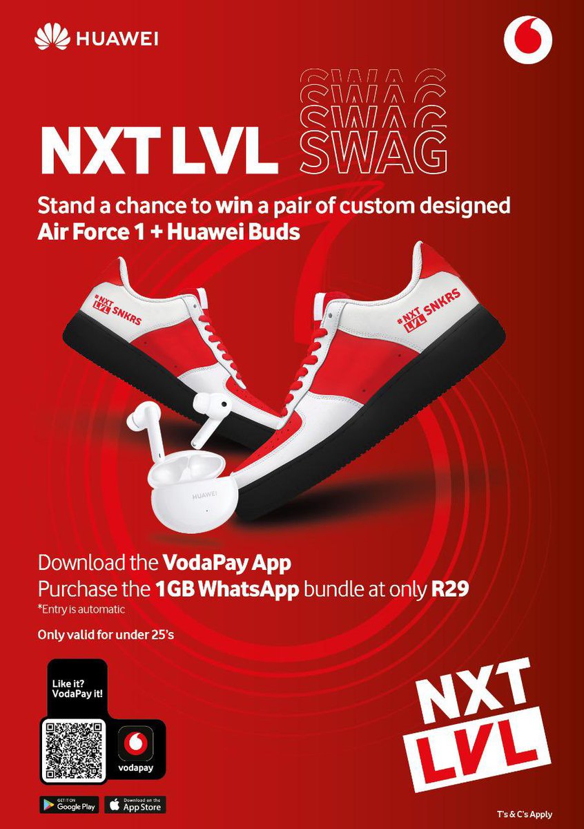 FillzIAm's tweet photo. Unlock Summer!!! Simply download the VodaPay app: https://t.co/JN6lNbzfS3, buy a 1GB WhatsApp bundle for R29 and stand the chance to WIN a custom pair of Nike Air Force 1s and Huawei buds. Winner announced 17 Jan. T&amp;Cs apply. #NXTLVL https://t.co/VVBLLHTUzz