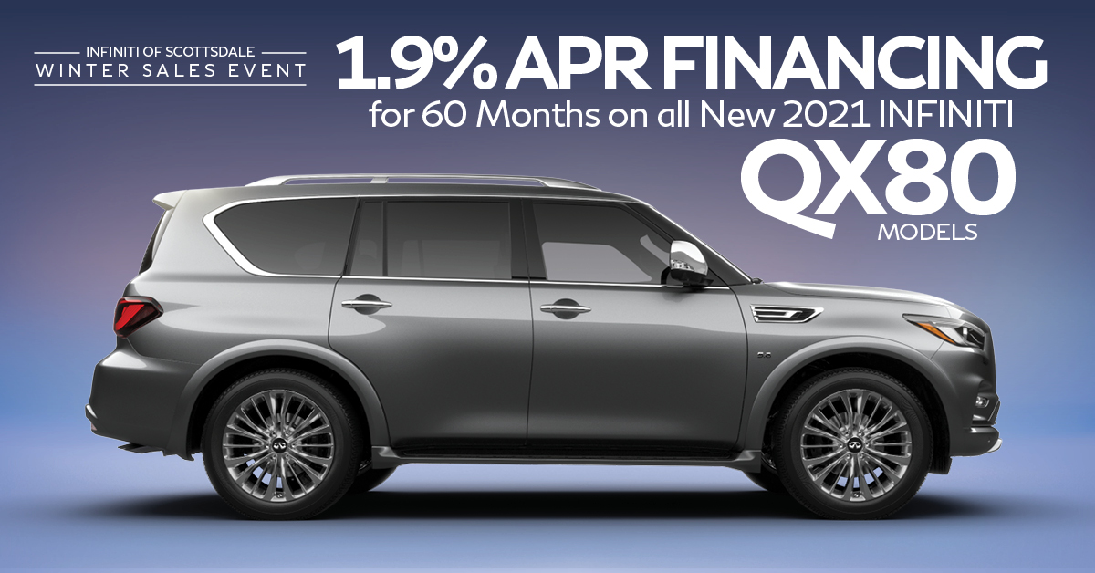 AZINFINITI's tweet photo. Get 1.9% APR Financing on a new 2021 INFINITI QX80 at INFINITI of Scottsdale!* Start shopping online here: https://t.co/L9Ggv9hLZF

*JN8AZ2AF4M9720657. Monthly payment is $17.48 for every $1,000 financed, regardless of down payment. On approved credit, ends 1/2/2022. https://t.co/zNN8MejUu3