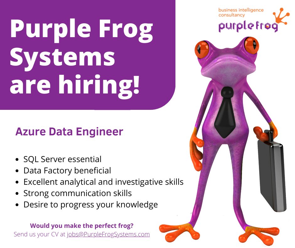 Purple Frog Systems are hiring!🐸 

A vacancy has opened up at our #Telford Office for a local Azure Data Engineer who is keen to learn - SQL Server skills are essential💜 

ed.gr/dr04d
#FrogFamily #DataAnalytics #BeTheExpert #AzureSynapse
