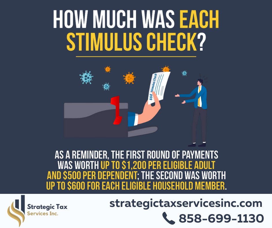 How much was each stimulus check? The first round of payments was up to $1,200, and $500 per dependent. The second was up to $600 for each eligible household member.
We help with Taxes! #onlinetaxes #taxplanning #irsletterassistance # https://t.co/f0dzhe25j1