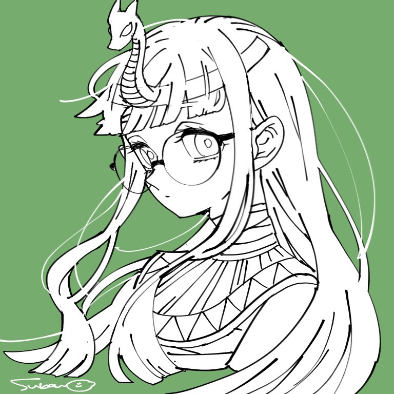 1girl solo glasses long hair green background horns single horn  illustration images