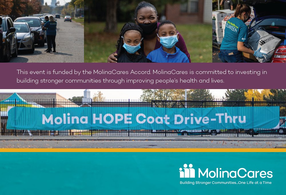 CCCDetroit's tweet photo. On December 18, @molina_cares is hosting a coat giveaway for kids 18 and under at The Salvation Army Connor Creek Site (3000 Conner Street, Detroit, MI 48214) from 11 am-2pm. If you have any questions, please contact MHMCommunityOutreach@MolinaHealthcare.com https://t.co/kcXJ1LKqr1