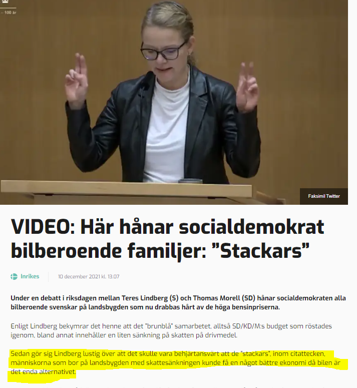 En sosse, född och boende i Stockholm har noll förståelse för dem som bor utanför sta'n.
För dem som jobbpendlar 10 mil, för att alla ska få mat, el, stål, osv.
Så jäkla osmakligt av Teres att håna majoriteten av svenskarna!🤬🤬🤬