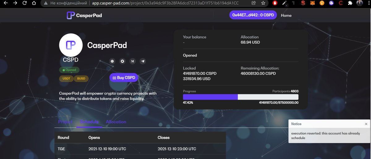 artem_bv's tweet photo. @Casper_Pad execution reverted: this account has already schedule
But my balance of cspd still 0 and i dont have transaction on my metamask https://t.co/lxoOa3Whdm