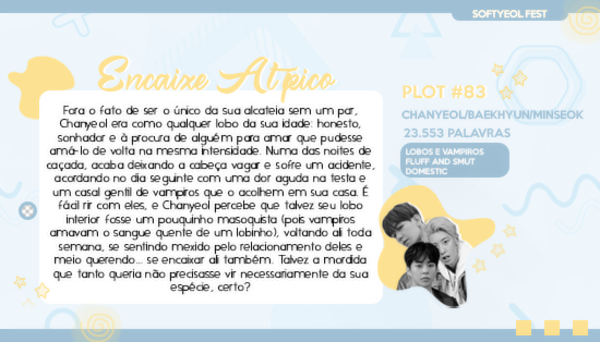 softyeolfest's tweet photo. ⤷ Encaixe Atípico

♡ Chanyeol/Minseok/Baekhyun
♡ Lobos, Vampiros, Trisal, Domestic, Fluff and Smut
♡ #plot83 | 23.553 palavras 
» https://t.co/llWhanBzDh https://t.co/C84YzlHoJH