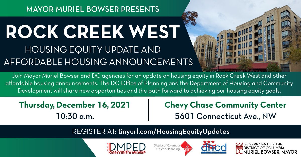 DMPEDDC's tweet photo. ❗️Next Week❗️Join @MayorBowser and DC agencies for an update on housing equity in Rock Creek West and other affordable housing announcements.

@DCDHCD &amp; @OPinDC will share new opportunities and the path forward to achieving our housing equity goals. #FairShot #36000by2025 https://t.co/vFguhDyMKZ